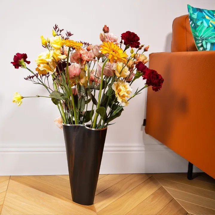 Puckered handcrafted vase with copper finish and metal liner, artisanal decorative vase