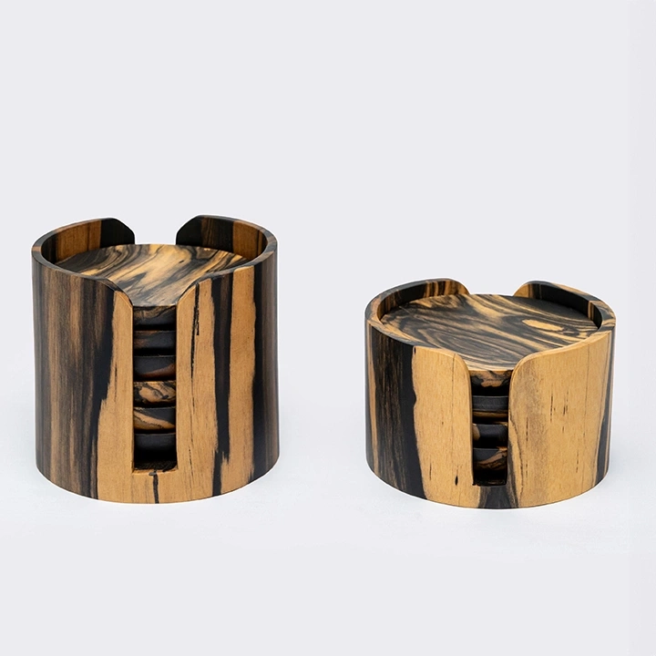 Rotating view highlighting the round coaster's features.