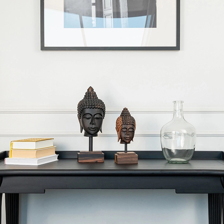 Picture in situ of the Buddha Head Short Haircut on Pedestal set.2