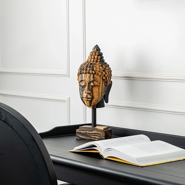 Picture in situ of the Buddha Head Short Haircut on Pedestal