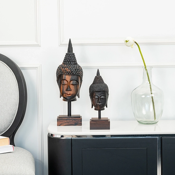 Picture in situ of the Buddha Head Tall Parted Haircut on Pedestal Set2