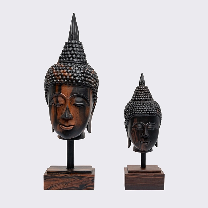 Studio picture of the Buddha Head Tall Parted Haircut on Pedestal Set2
